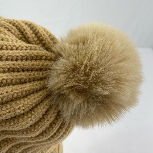 Cozy Women’s One Piece Scarf & Mask Tan Knit Pom-Pom Hat - Picture 8 of 14